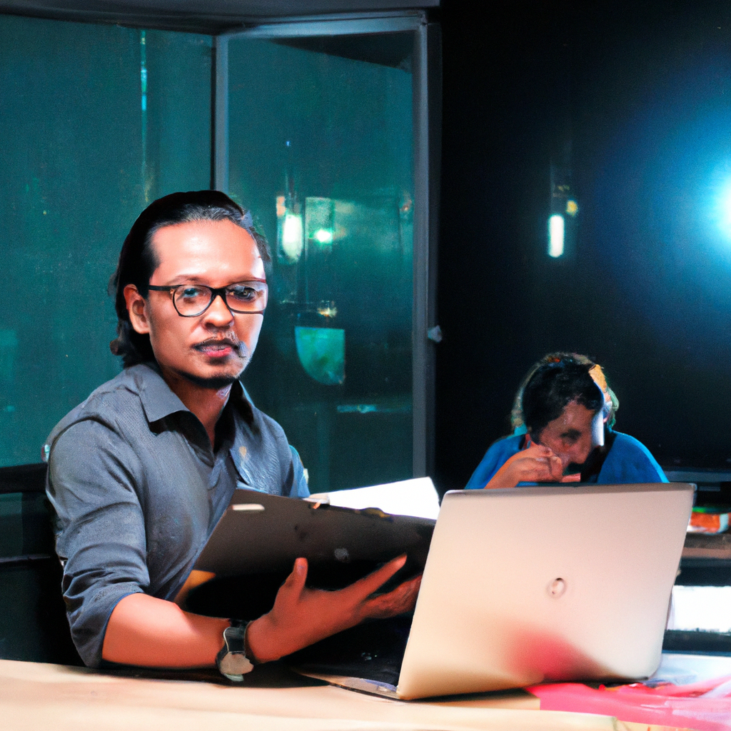 Портрет — продюсер проектов, переговорная, ноутбук и заметки, уверенный взгляд, теплое освещение