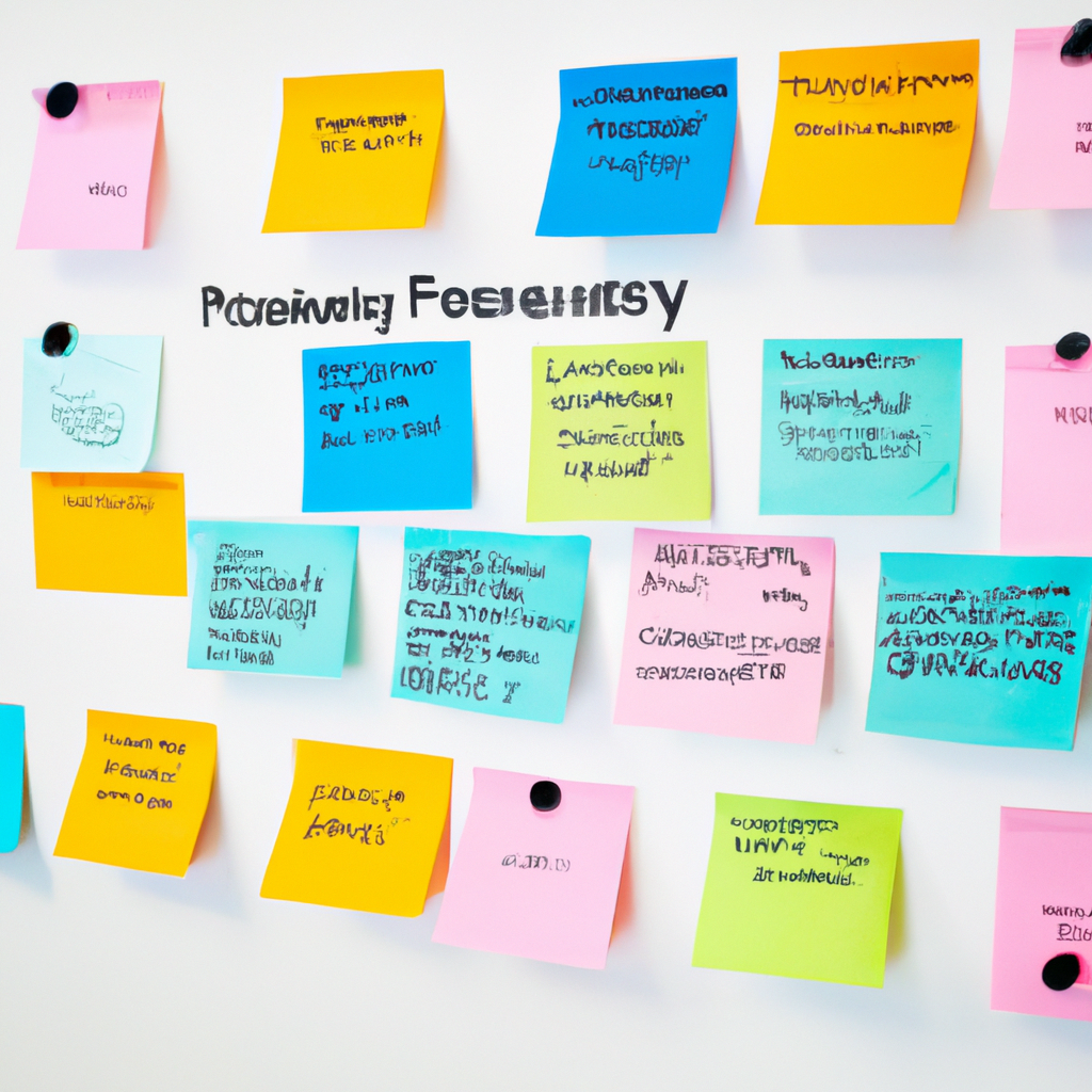 Схема процесса: аналитика, дизайн, разработка, запуск; на стеклянной доске с цветными стикерами, четкая композиция