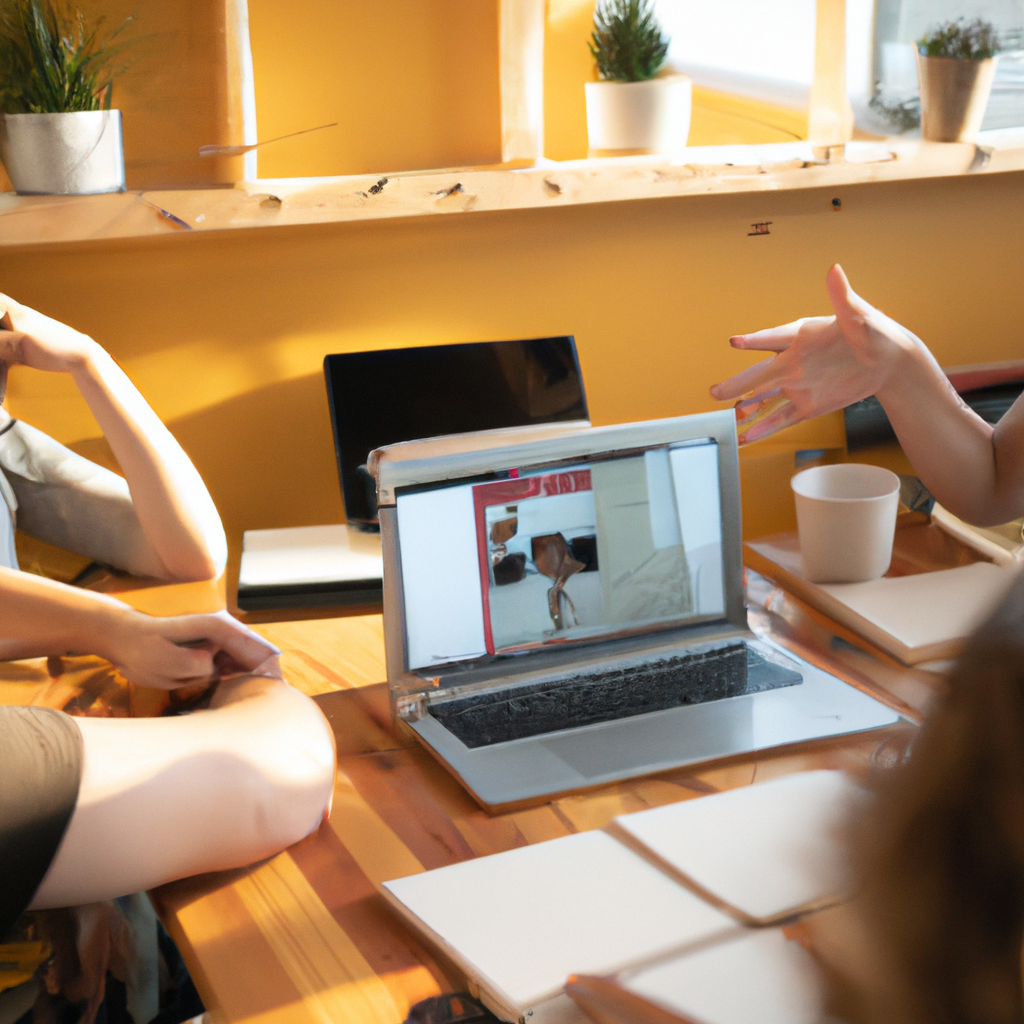 Командный созвон по видеосвязи, сетка из участников, теплые тона, удаленная работа